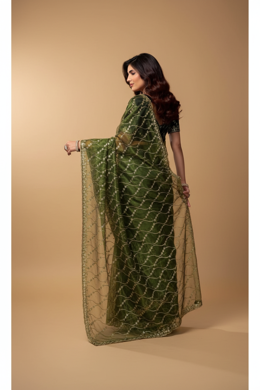 Snuggle Spot Women's Net Sequence Saree With Unstitched Blouse 5.5Mtr (Light Green)