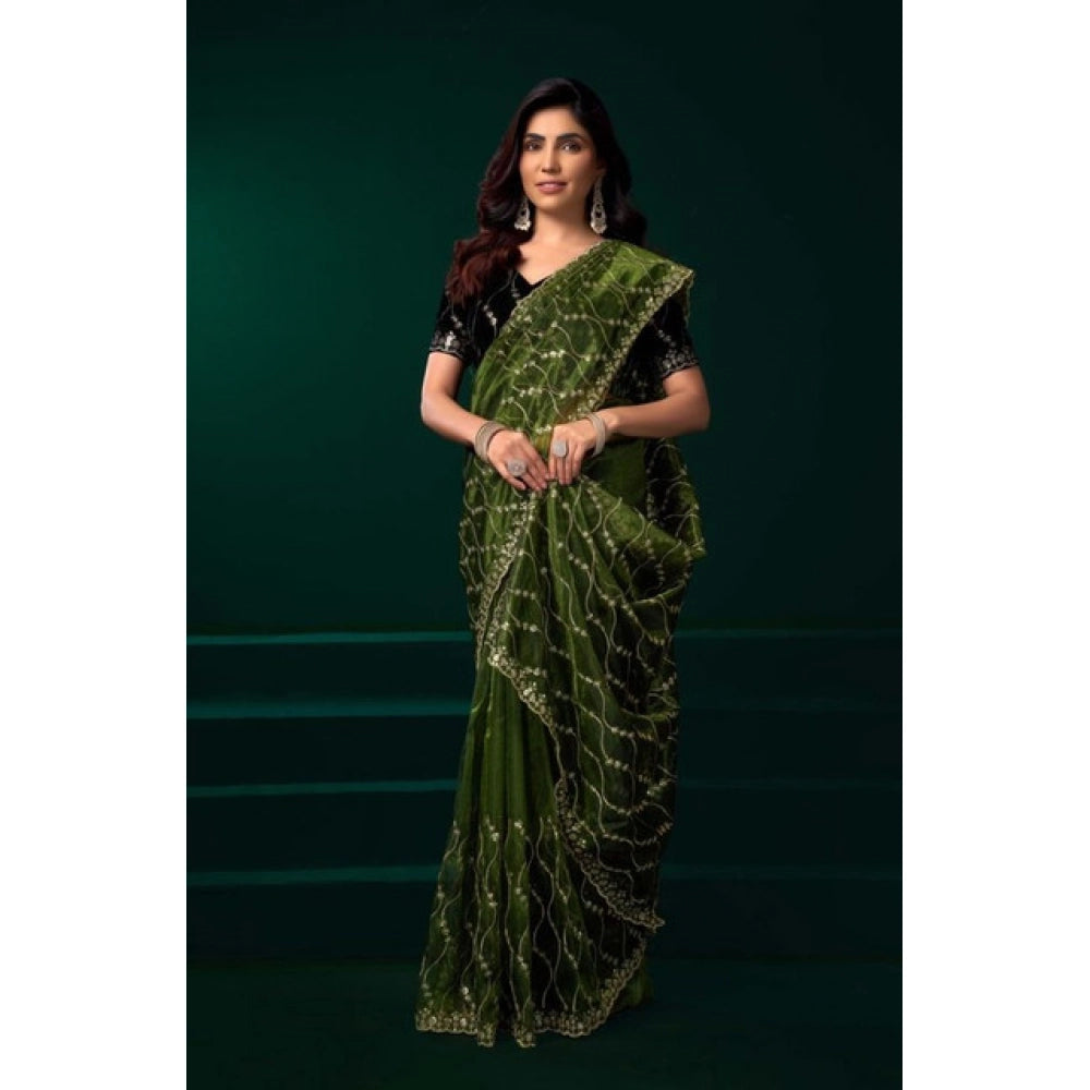 Snuggle Spot Women's Net Sequence Saree With Unstitched Blouse 5.5Mtr (Light Green)