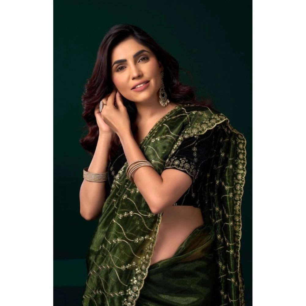Snuggle Spot Women's Net Sequence Saree With Unstitched Blouse 5.5Mtr (Light Green)