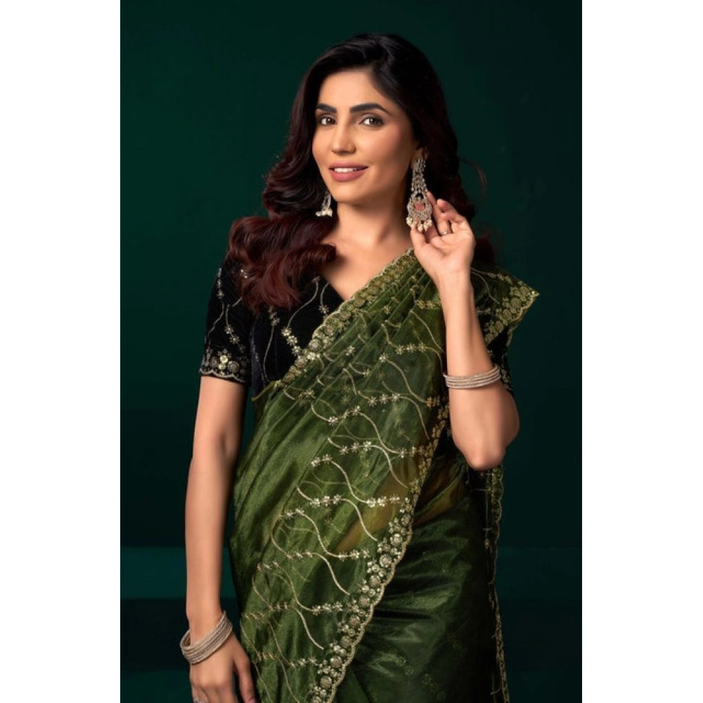 Snuggle Spot Women's Net Sequence Saree With Unstitched Blouse 5.5Mtr (Light Green)