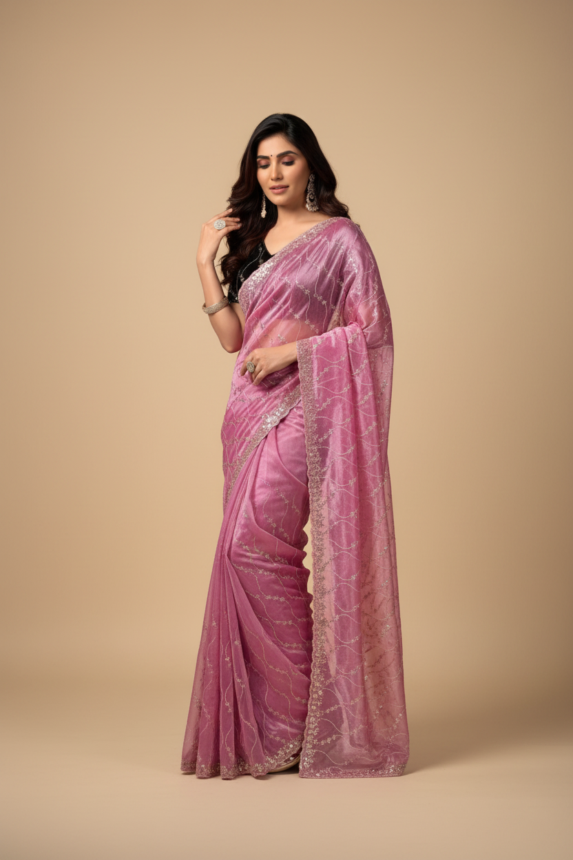 Snuggle Spot Women's Net Sequence Saree With Unstitched Blouse 5.5Mtr (Light Pink)