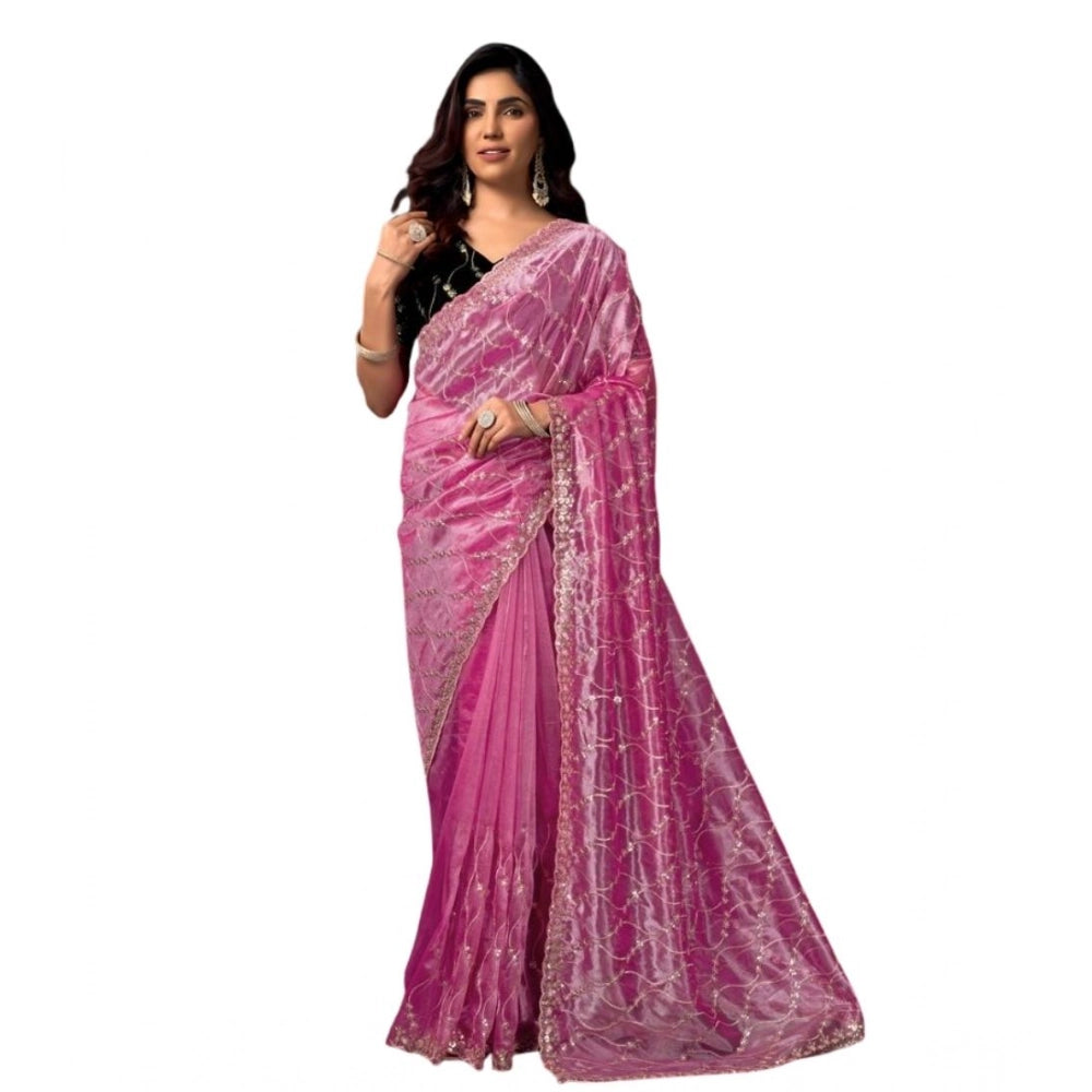 Snuggle Spot Women's Net Sequence Saree With Unstitched Blouse 5.5Mtr (Light Pink)