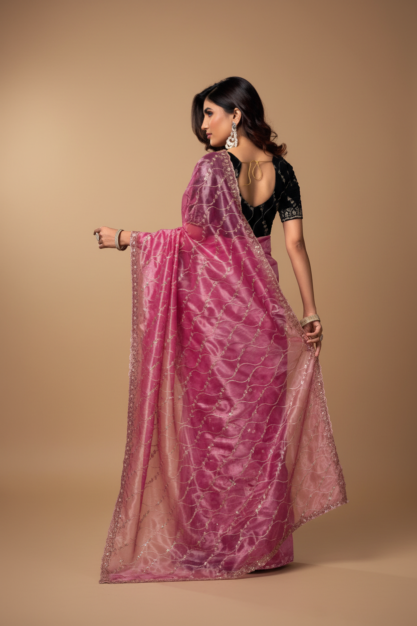 Snuggle Spot Women's Net Sequence Saree With Unstitched Blouse 5.5Mtr (Light Pink)