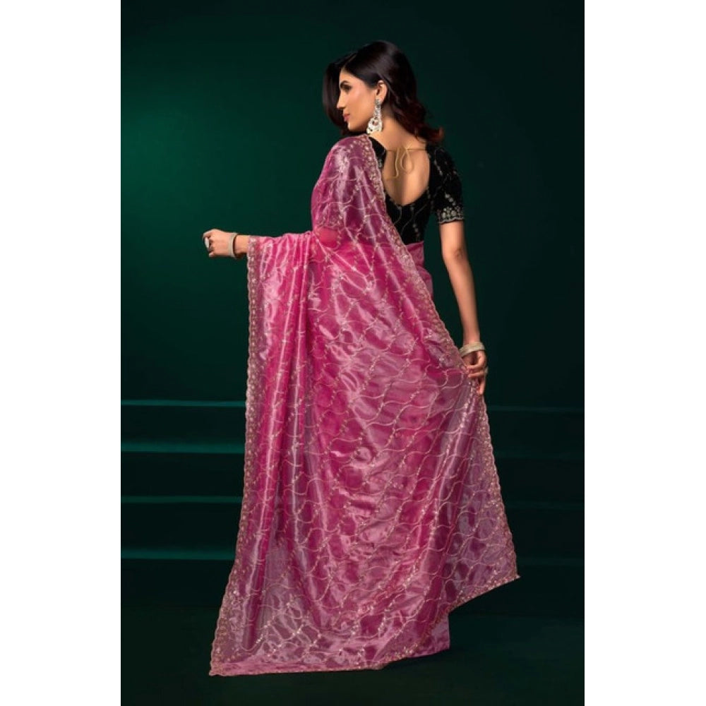 Snuggle Spot Women's Net Sequence Saree With Unstitched Blouse 5.5Mtr (Light Pink)