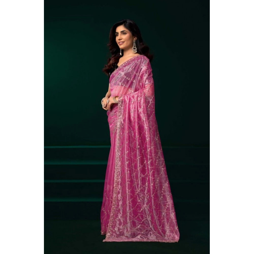 Snuggle Spot Women's Net Sequence Saree With Unstitched Blouse 5.5Mtr (Light Pink)