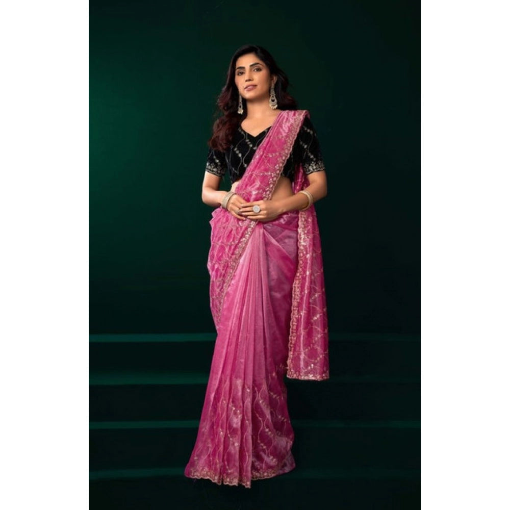 Snuggle Spot Women's Net Sequence Saree With Unstitched Blouse 5.5Mtr (Light Pink)