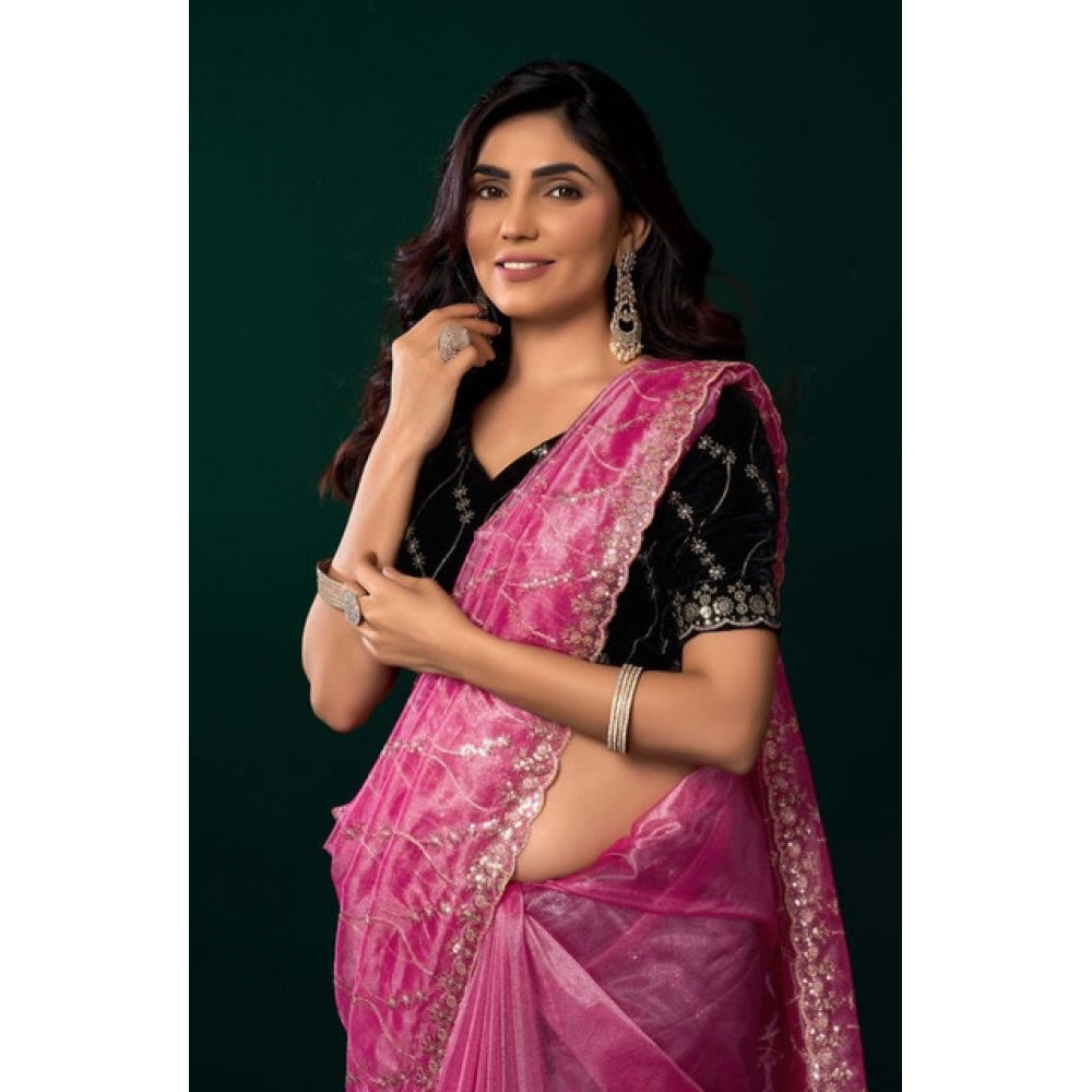 Snuggle Spot Women's Net Sequence Saree With Unstitched Blouse 5.5Mtr (Light Pink)