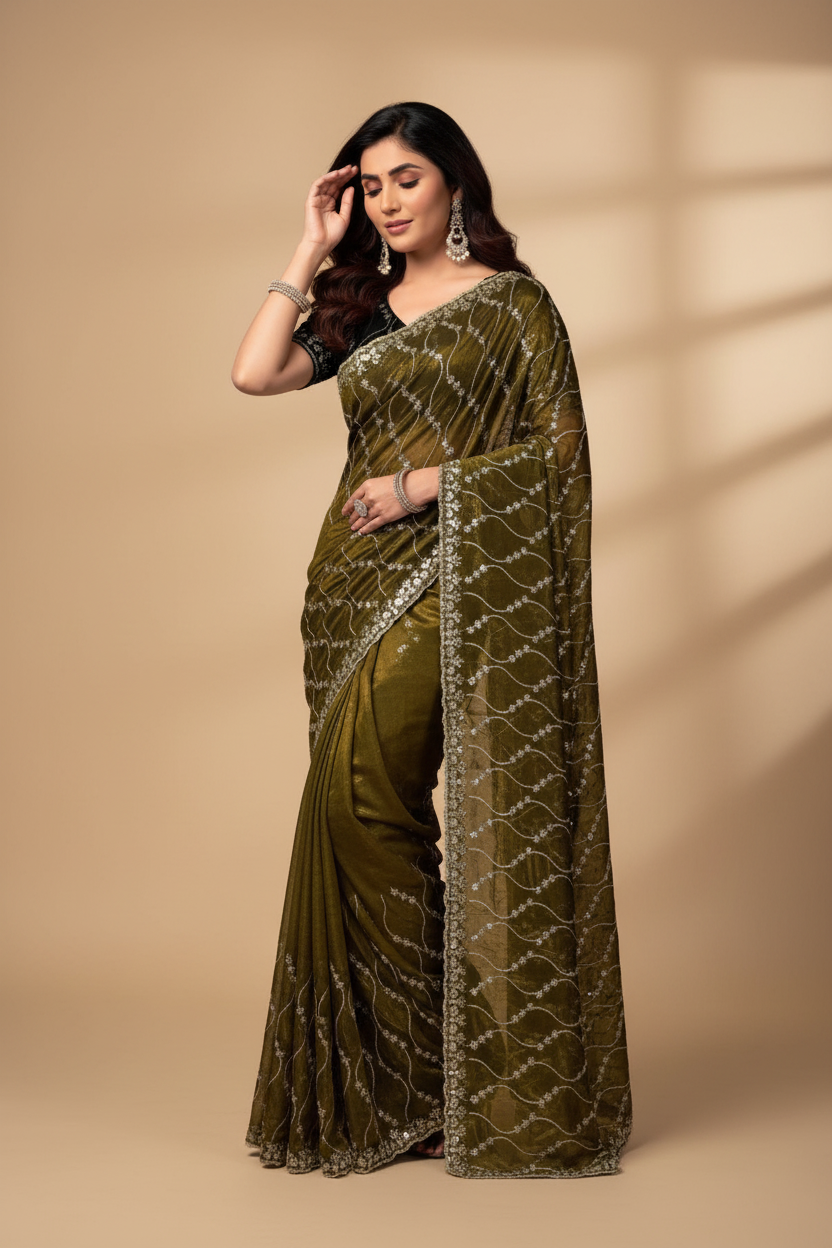 Snuggle Spot Women's Net Sequence Saree With Unstitched Blouse 5.5Mtr (Mahendi)
