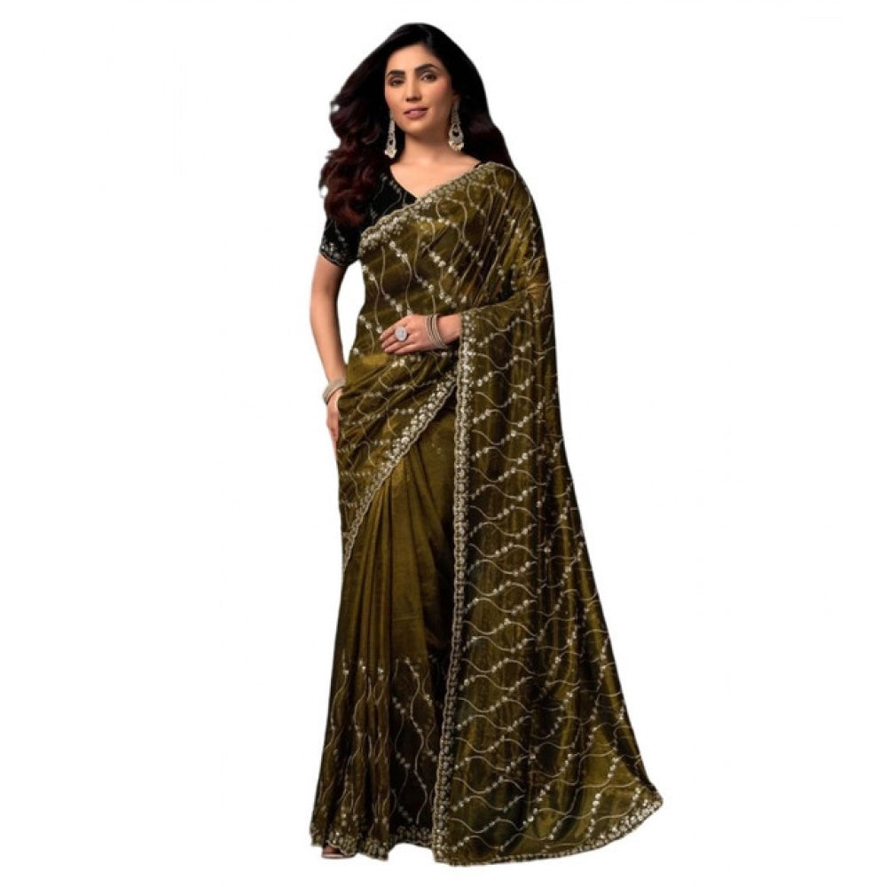 Snuggle Spot Women's Net Sequence Saree With Unstitched Blouse 5.5Mtr (Mahendi)