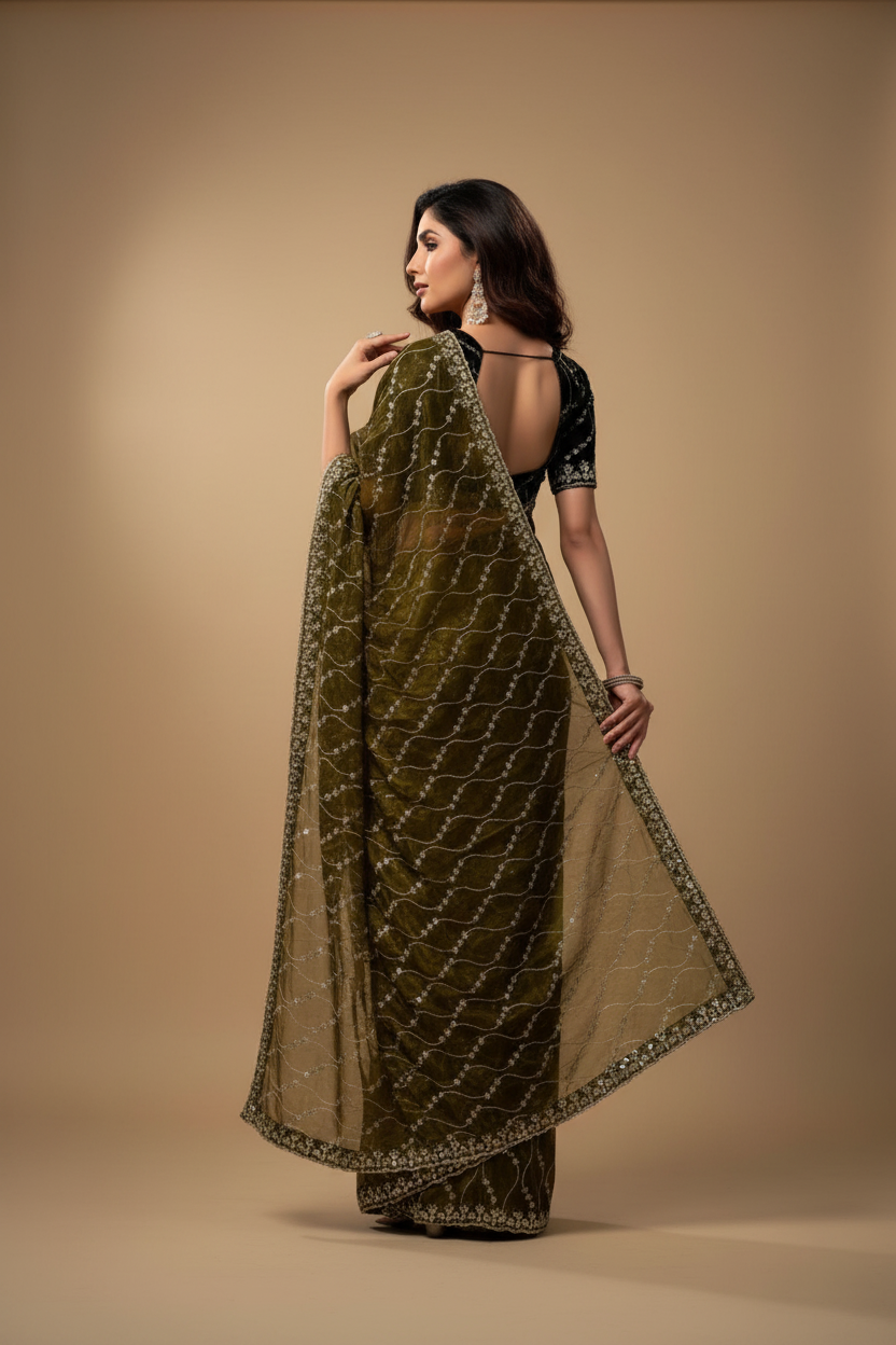 Snuggle Spot Women's Net Sequence Saree With Unstitched Blouse 5.5Mtr (Mahendi)
