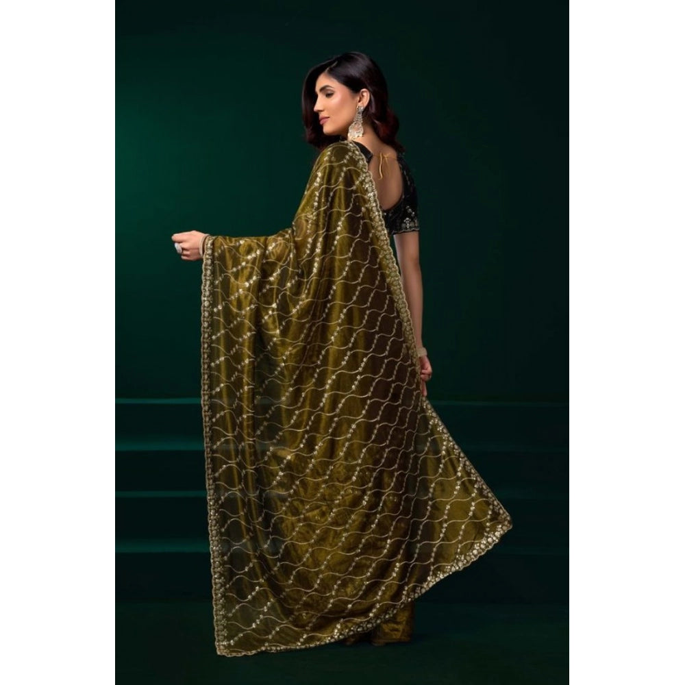 Snuggle Spot Women's Net Sequence Saree With Unstitched Blouse 5.5Mtr (Mahendi)