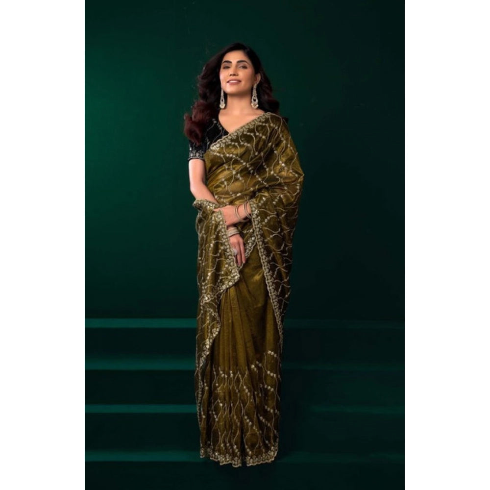 Snuggle Spot Women's Net Sequence Saree With Unstitched Blouse 5.5Mtr (Mahendi)