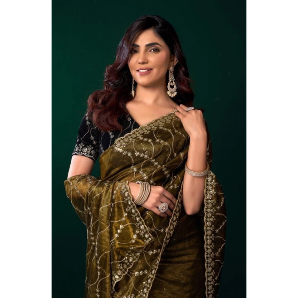Snuggle Spot Women's Net Sequence Saree With Unstitched Blouse 5.5Mtr (Mahendi)