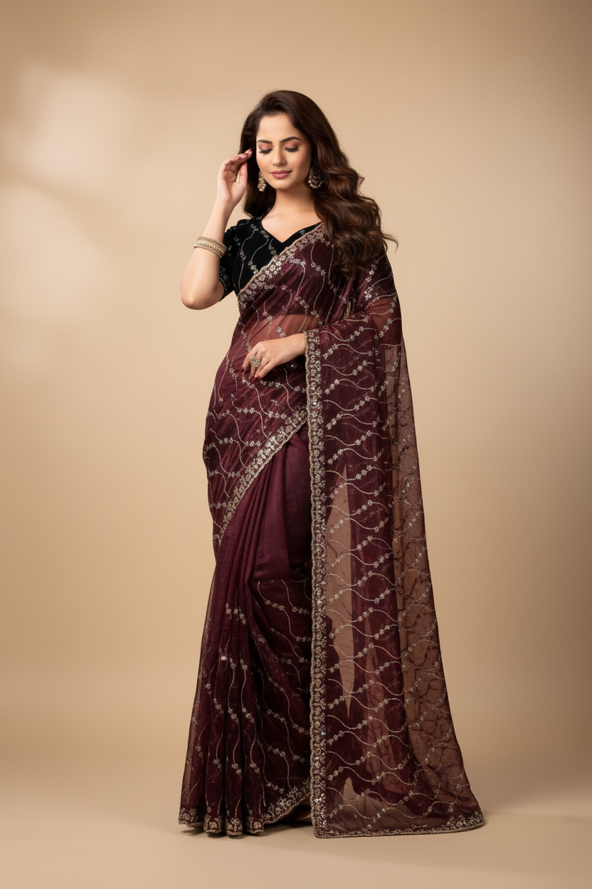 Snuggle Spot Women's Net Sequence Saree With Unstitched Blouse 5.5Mtr (Maroon)