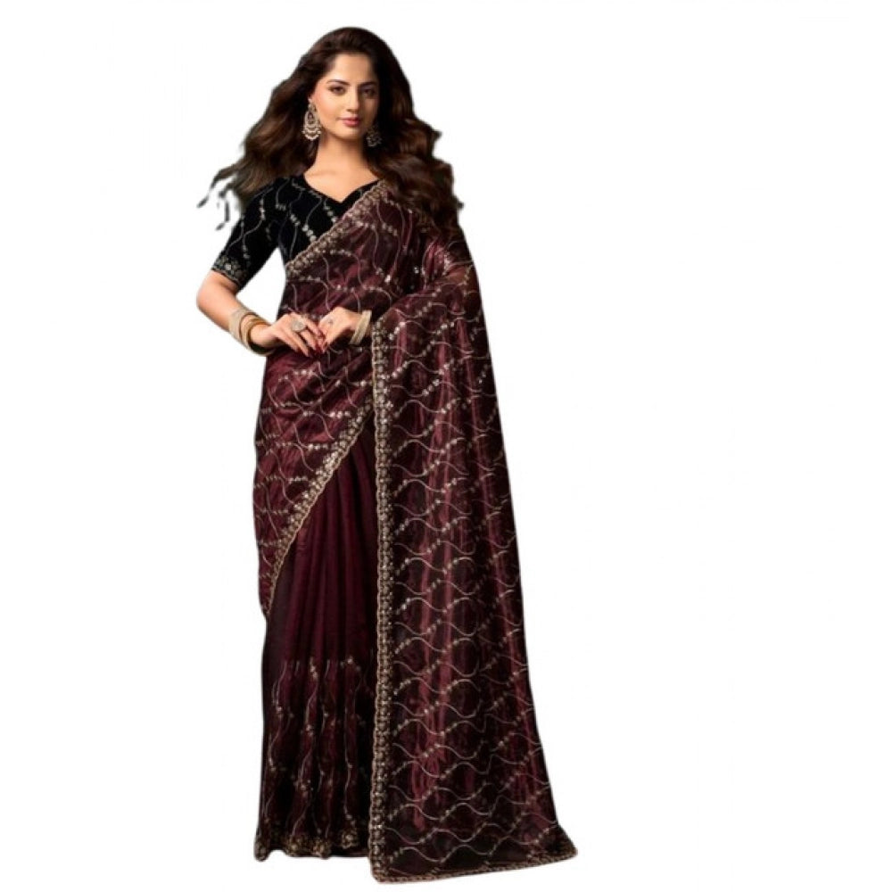 Snuggle Spot Women's Net Sequence Saree With Unstitched Blouse 5.5Mtr (Maroon)