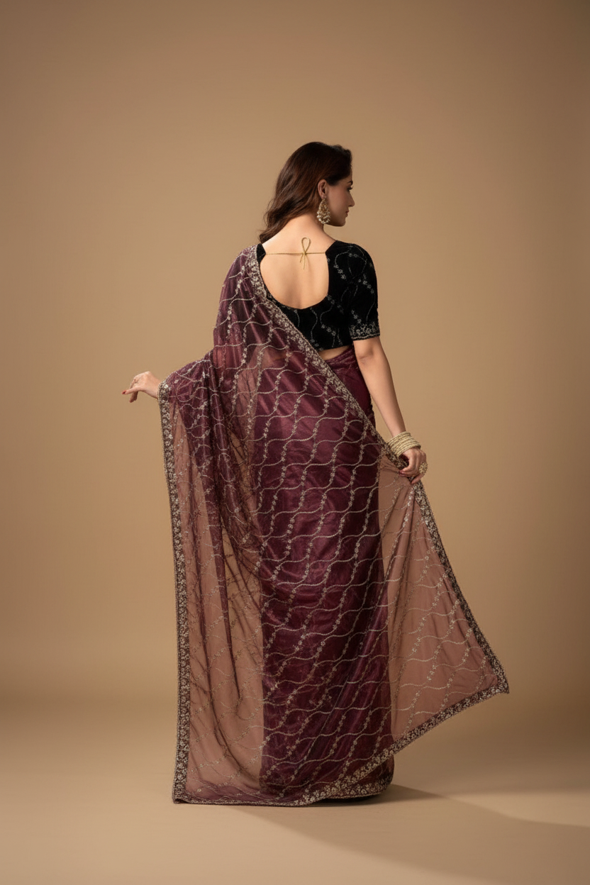 Snuggle Spot Women's Net Sequence Saree With Unstitched Blouse 5.5Mtr (Maroon)