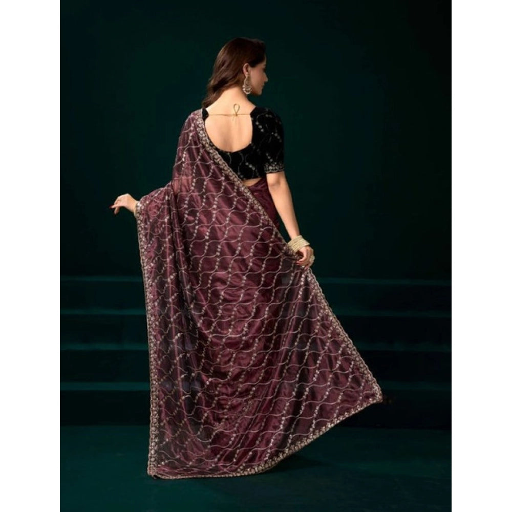 Snuggle Spot Women's Net Sequence Saree With Unstitched Blouse 5.5Mtr (Maroon)
