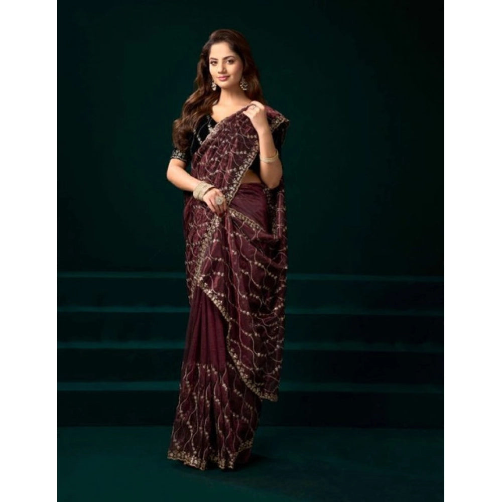 Snuggle Spot Women's Net Sequence Saree With Unstitched Blouse 5.5Mtr (Maroon)