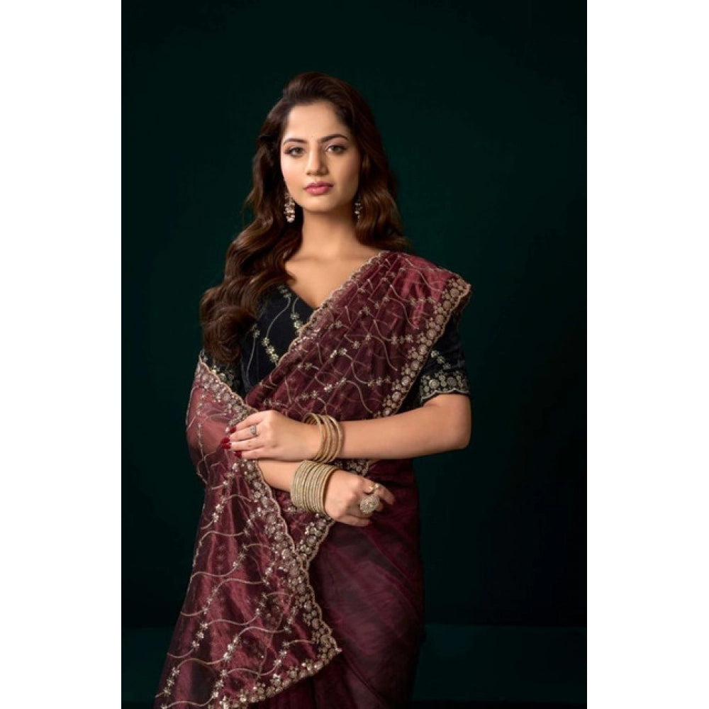 Snuggle Spot Women's Net Sequence Saree With Unstitched Blouse 5.5Mtr (Maroon)