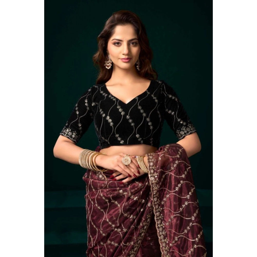 Snuggle Spot Women's Net Sequence Saree With Unstitched Blouse 5.5Mtr (Maroon)