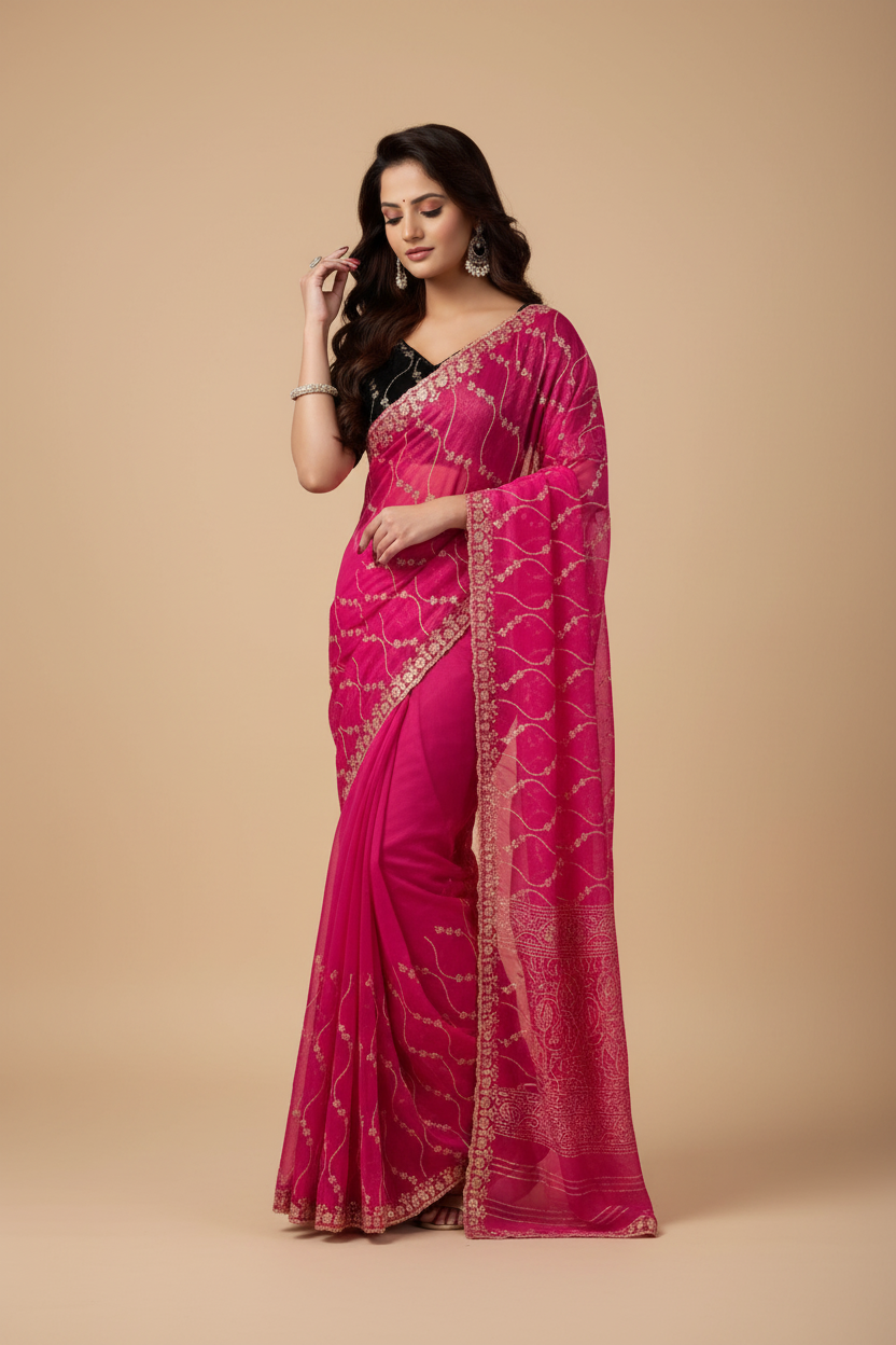 Snuggle Spot Women's Net Sequence Saree With Unstitched Blouse 5.5Mtr (Pink)