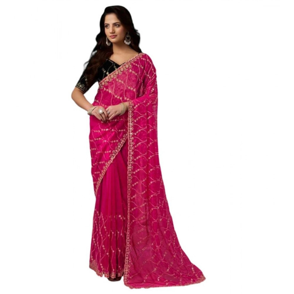 Snuggle Spot Women's Net Sequence Saree With Unstitched Blouse 5.5Mtr (Pink)