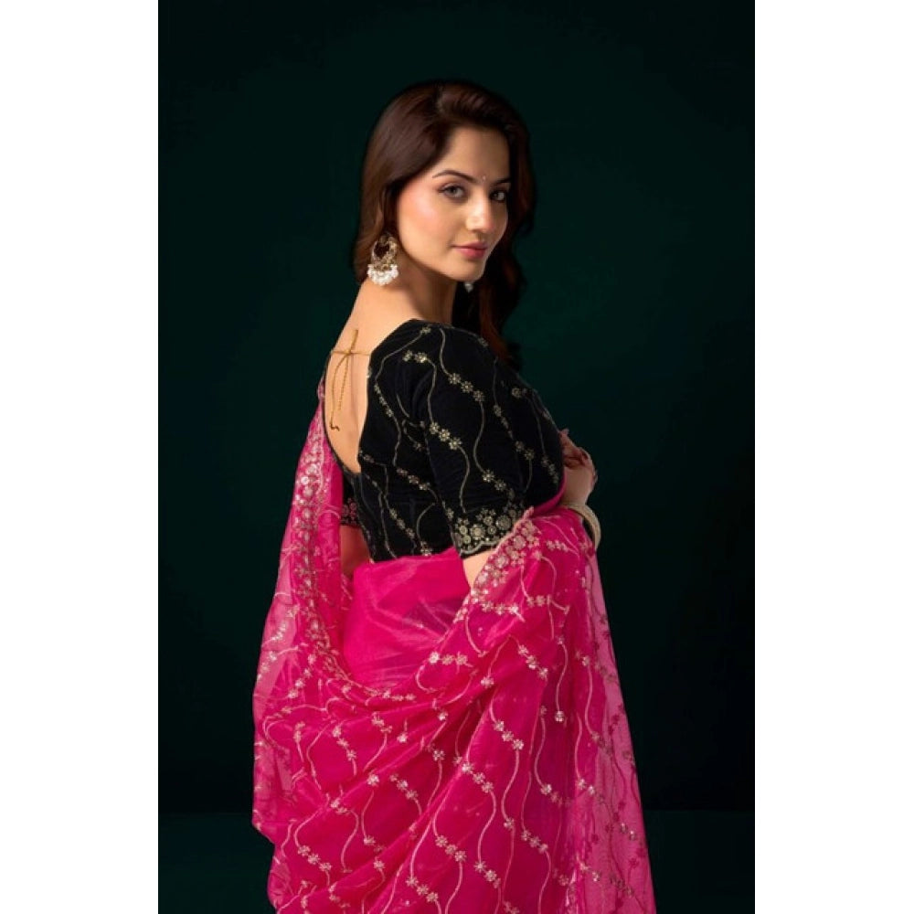 Snuggle Spot Women's Net Sequence Saree With Unstitched Blouse 5.5Mtr (Pink)