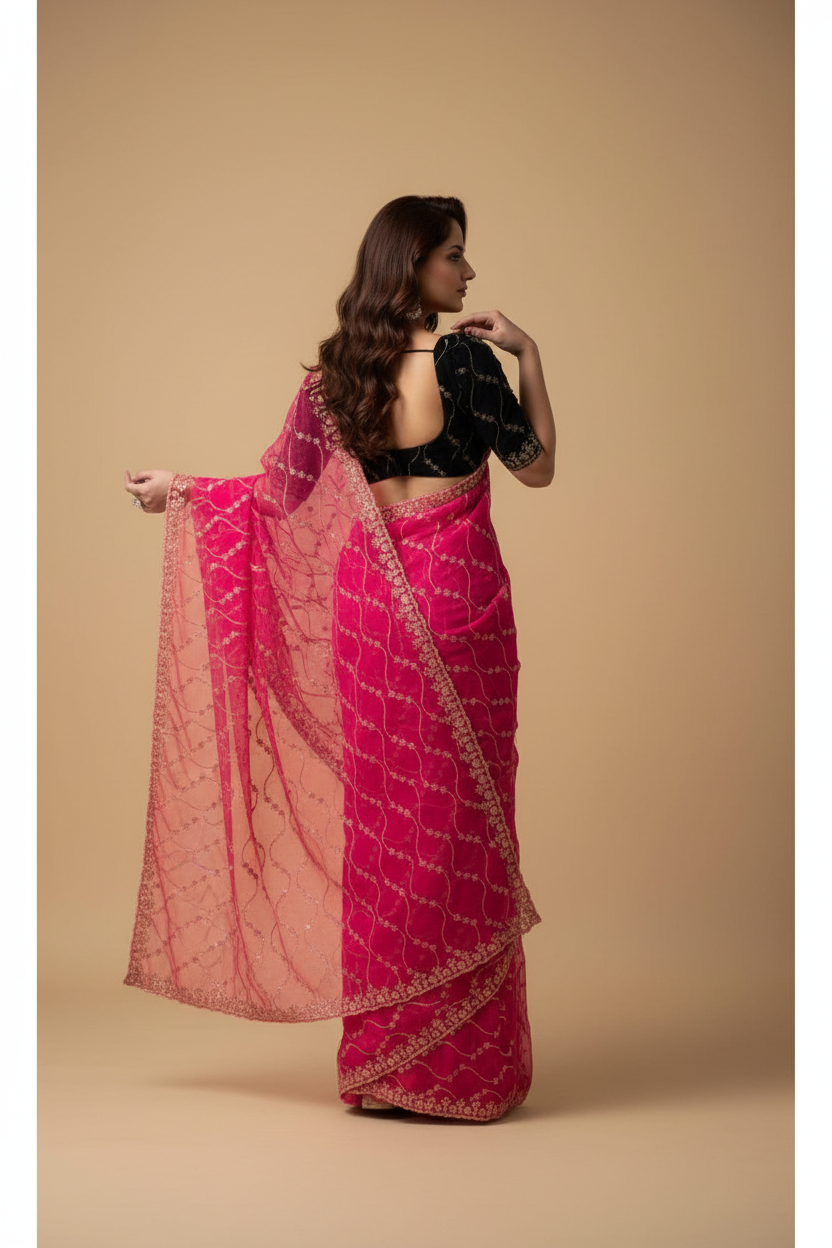 Snuggle Spot Women's Net Sequence Saree With Unstitched Blouse 5.5Mtr (Pink)