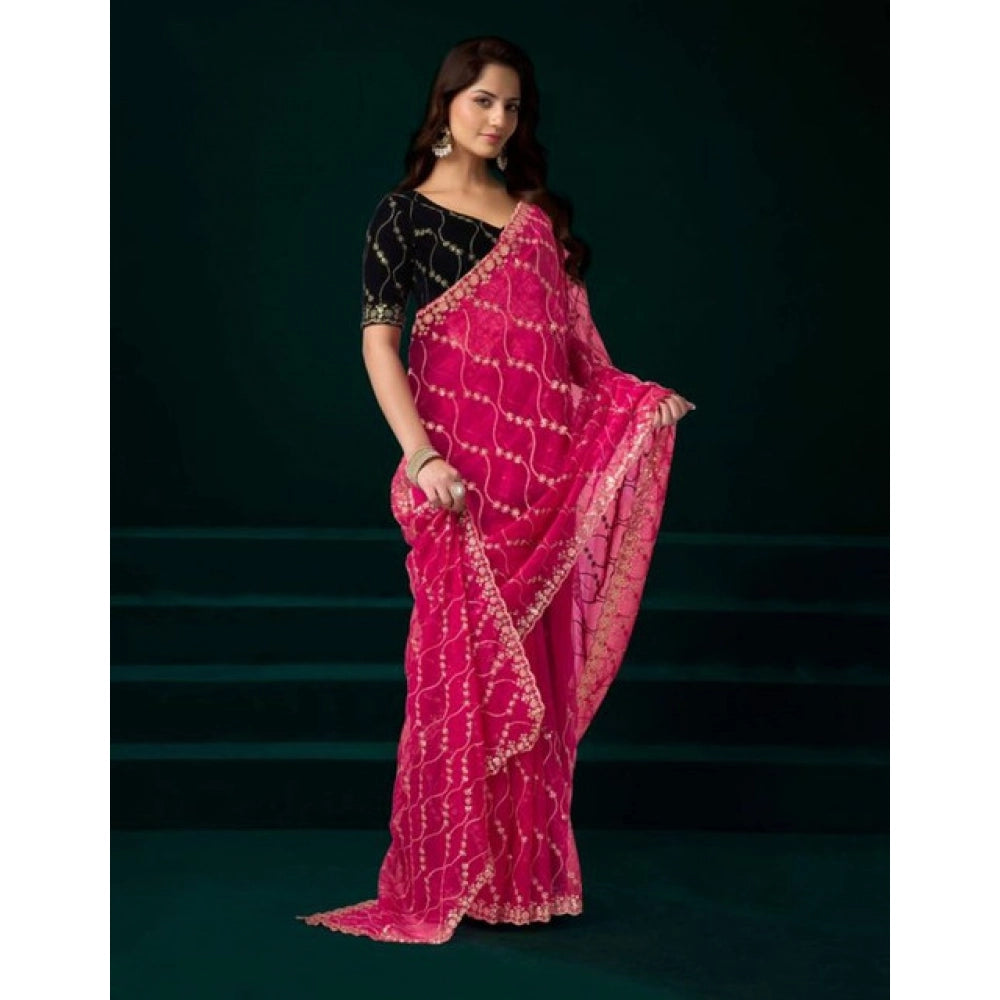 Snuggle Spot Women's Net Sequence Saree With Unstitched Blouse 5.5Mtr (Pink)