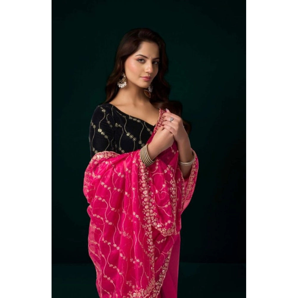 Snuggle Spot Women's Net Sequence Saree With Unstitched Blouse 5.5Mtr (Pink)