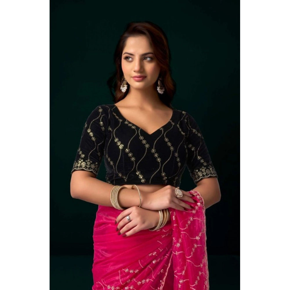 Snuggle Spot Women's Net Sequence Saree With Unstitched Blouse 5.5Mtr (Pink)