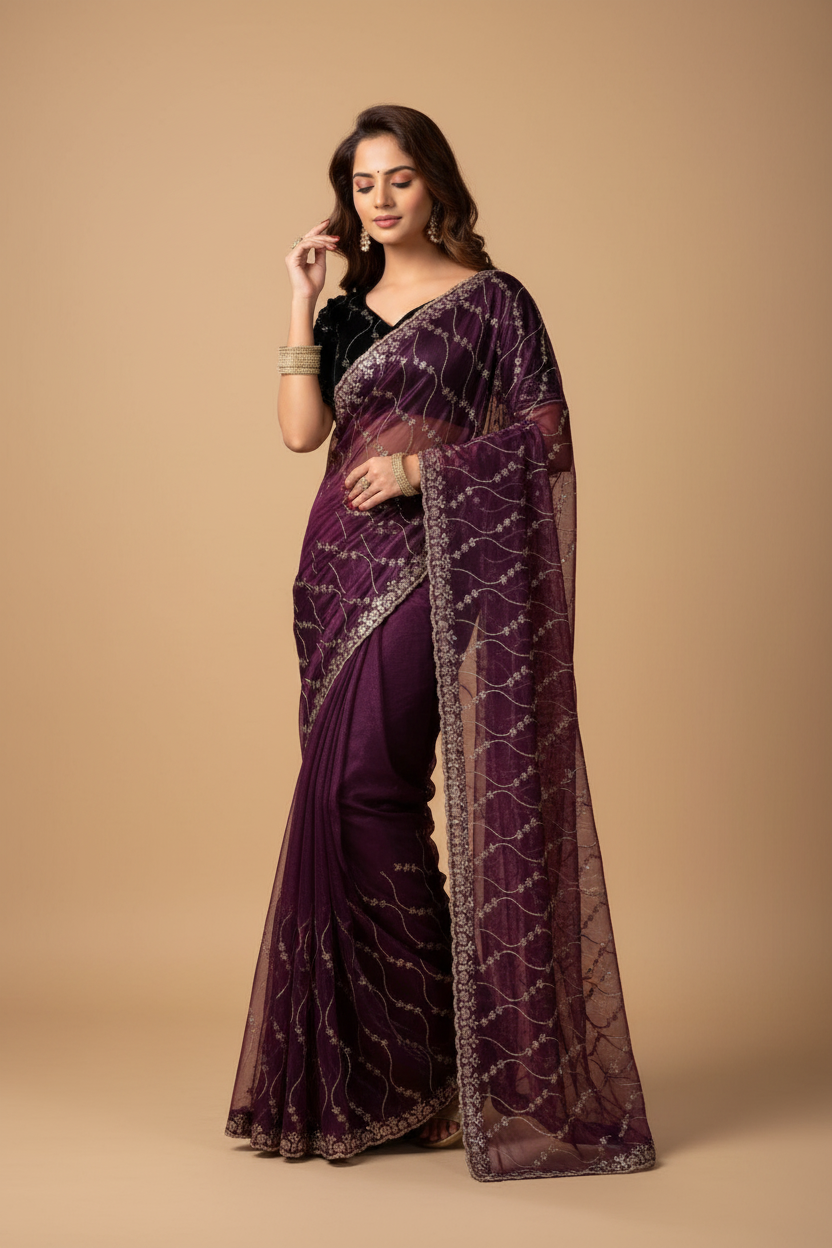 Snuggle Spot Women's Net Sequence Saree With Unstitched Blouse 5.5Mtr (Purple)