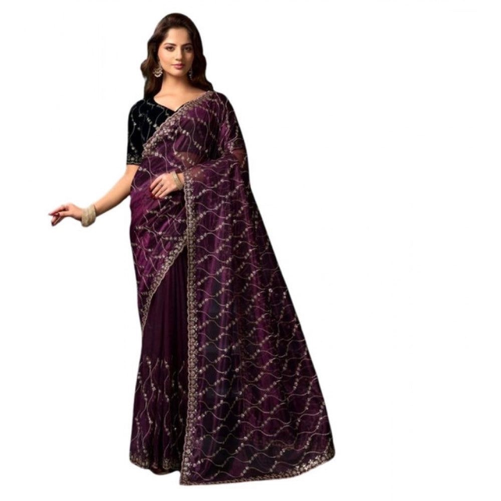 Snuggle Spot Women's Net Sequence Saree With Unstitched Blouse 5.5Mtr (Purple)
