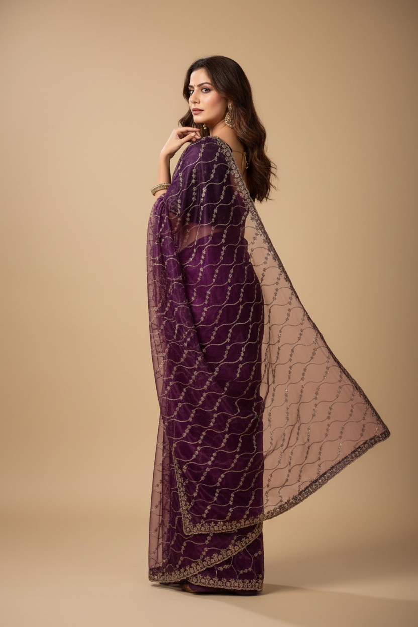 Snuggle Spot Women's Net Sequence Saree With Unstitched Blouse 5.5Mtr (Purple)