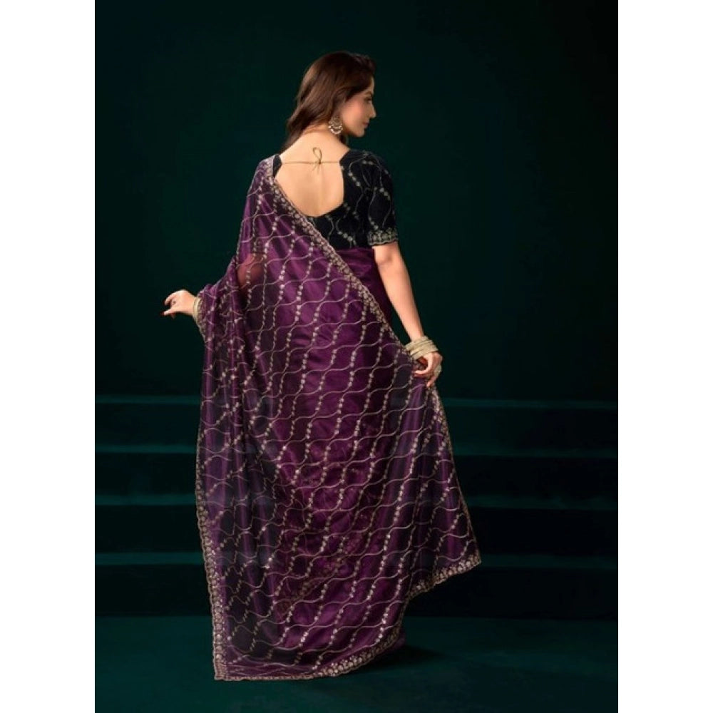 Snuggle Spot Women's Net Sequence Saree With Unstitched Blouse 5.5Mtr (Purple)