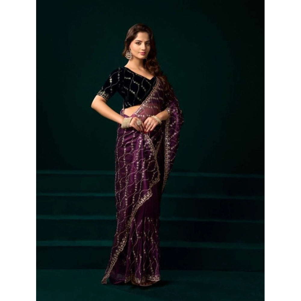 Snuggle Spot Women's Net Sequence Saree With Unstitched Blouse 5.5Mtr (Purple)