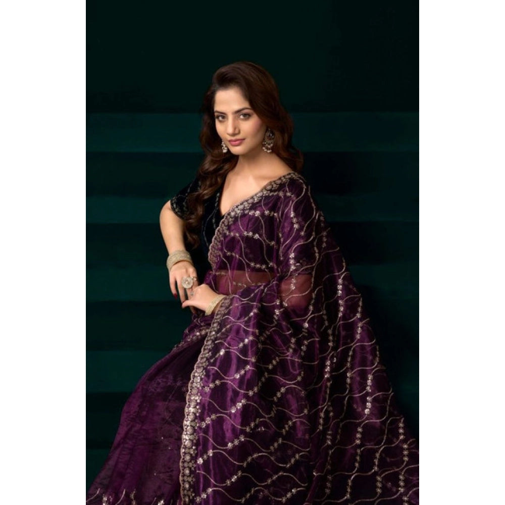 Snuggle Spot Women's Net Sequence Saree With Unstitched Blouse 5.5Mtr (Purple)