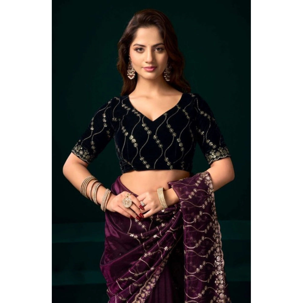 Snuggle Spot Women's Net Sequence Saree With Unstitched Blouse 5.5Mtr (Purple)
