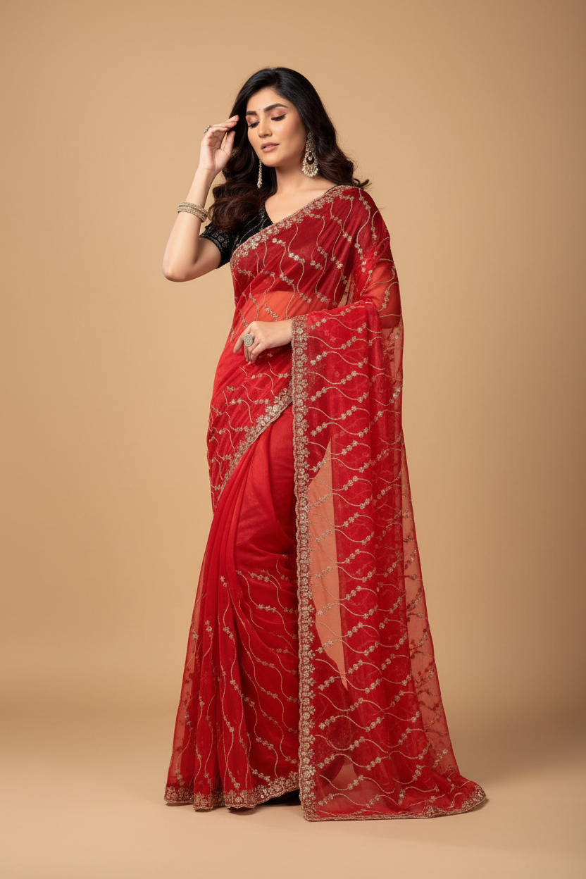 Snuggle Spot Women's Net Sequence Saree With Unstitched Blouse 5.5Mtr (Red)