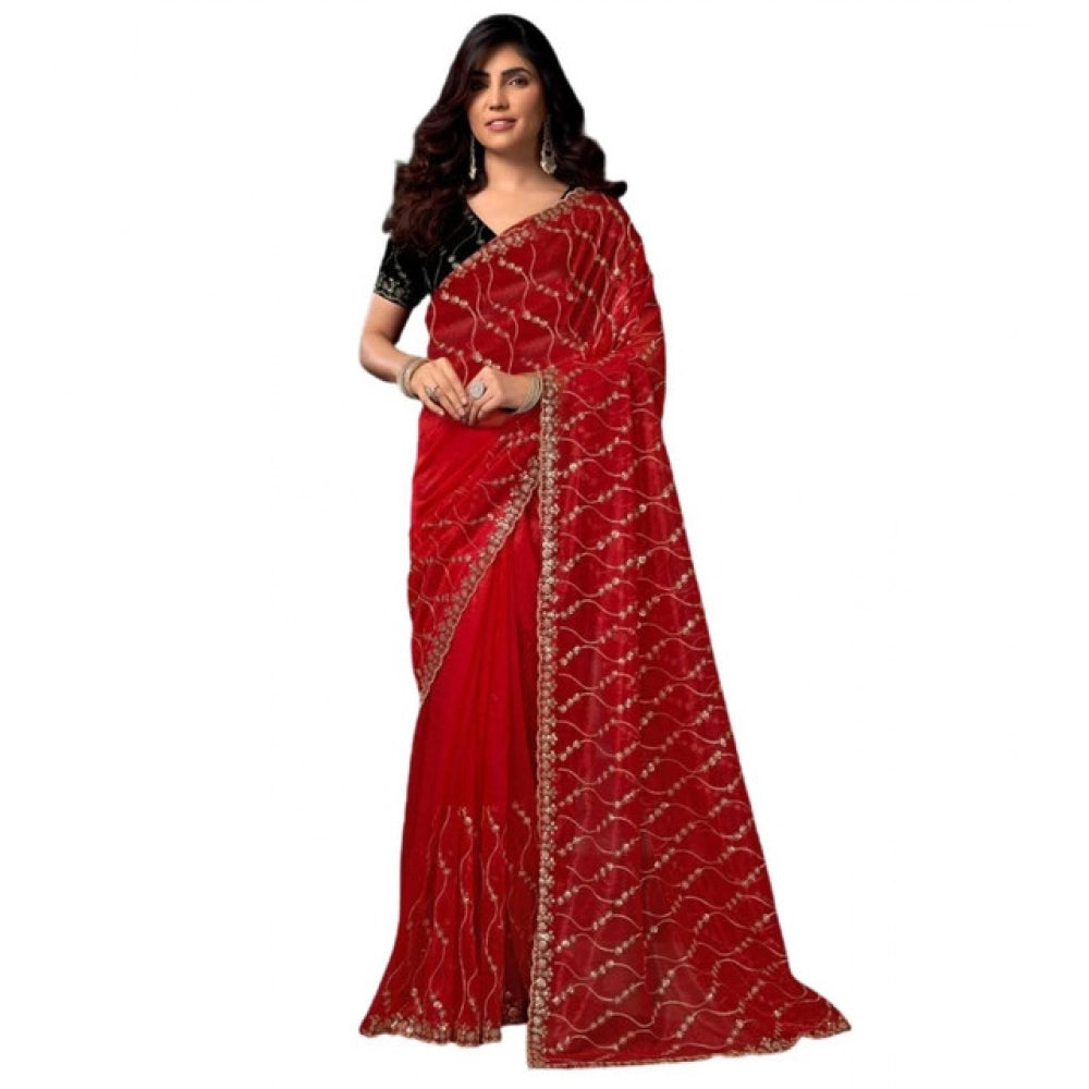 Snuggle Spot Women's Net Sequence Saree With Unstitched Blouse 5.5Mtr (Red)