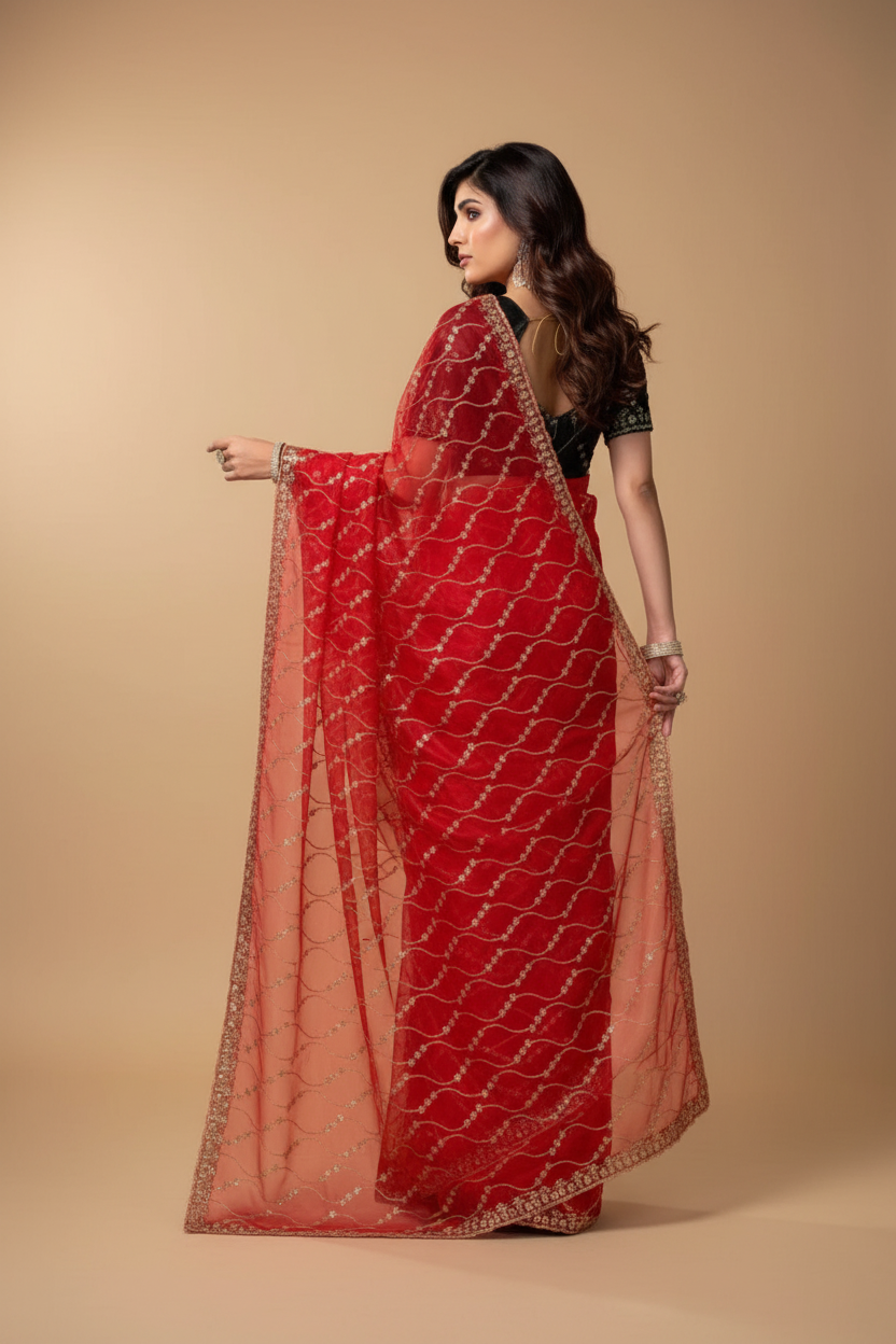 Snuggle Spot Women's Net Sequence Saree With Unstitched Blouse 5.5Mtr (Red)