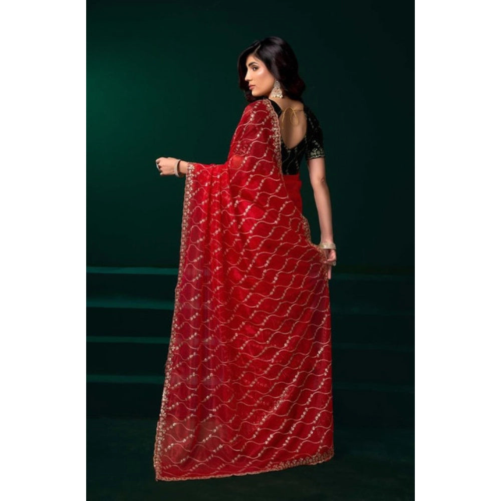 Snuggle Spot Women's Net Sequence Saree With Unstitched Blouse 5.5Mtr (Red)