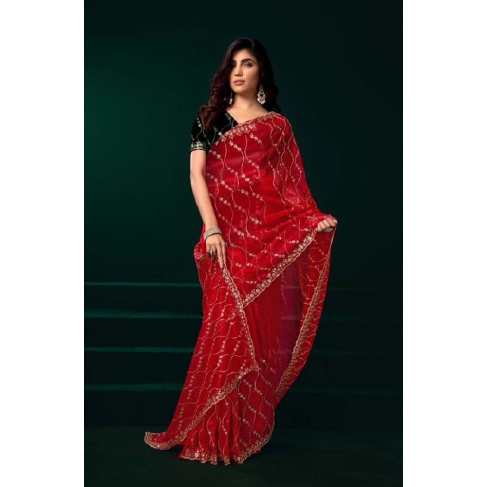 Snuggle Spot Women's Net Sequence Saree With Unstitched Blouse 5.5Mtr (Red)