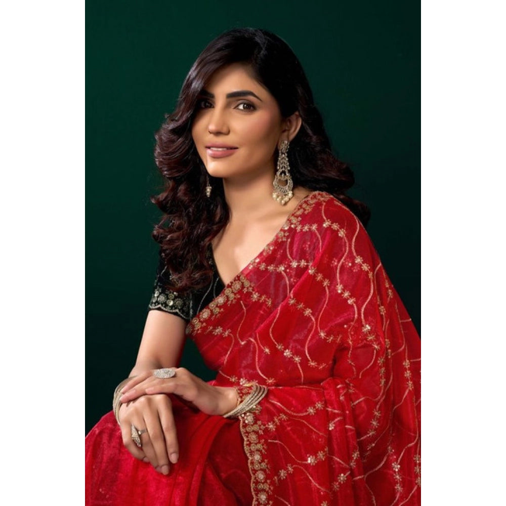 Snuggle Spot Women's Net Sequence Saree With Unstitched Blouse 5.5Mtr (Red)