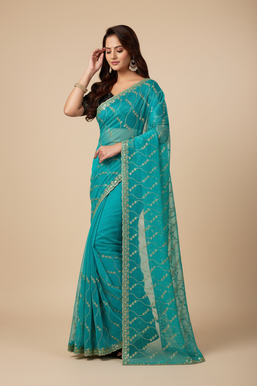 Snuggle Spot Women's Net Sequence Saree With Unstitched Blouse 5.5Mtr (Turquoise)