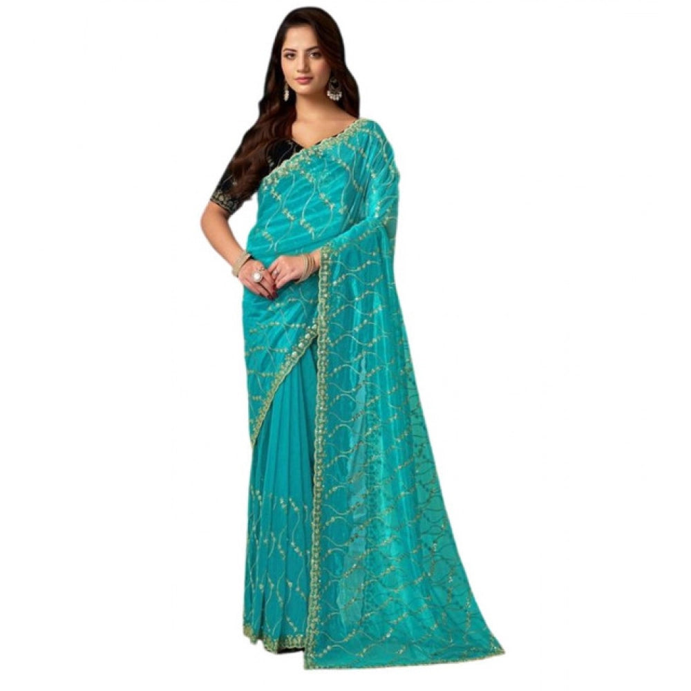 Snuggle Spot Women's Net Sequence Saree With Unstitched Blouse 5.5Mtr (Turquoise)
