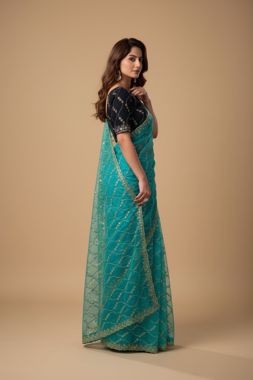 Snuggle Spot Women's Net Sequence Saree With Unstitched Blouse 5.5Mtr (Turquoise)