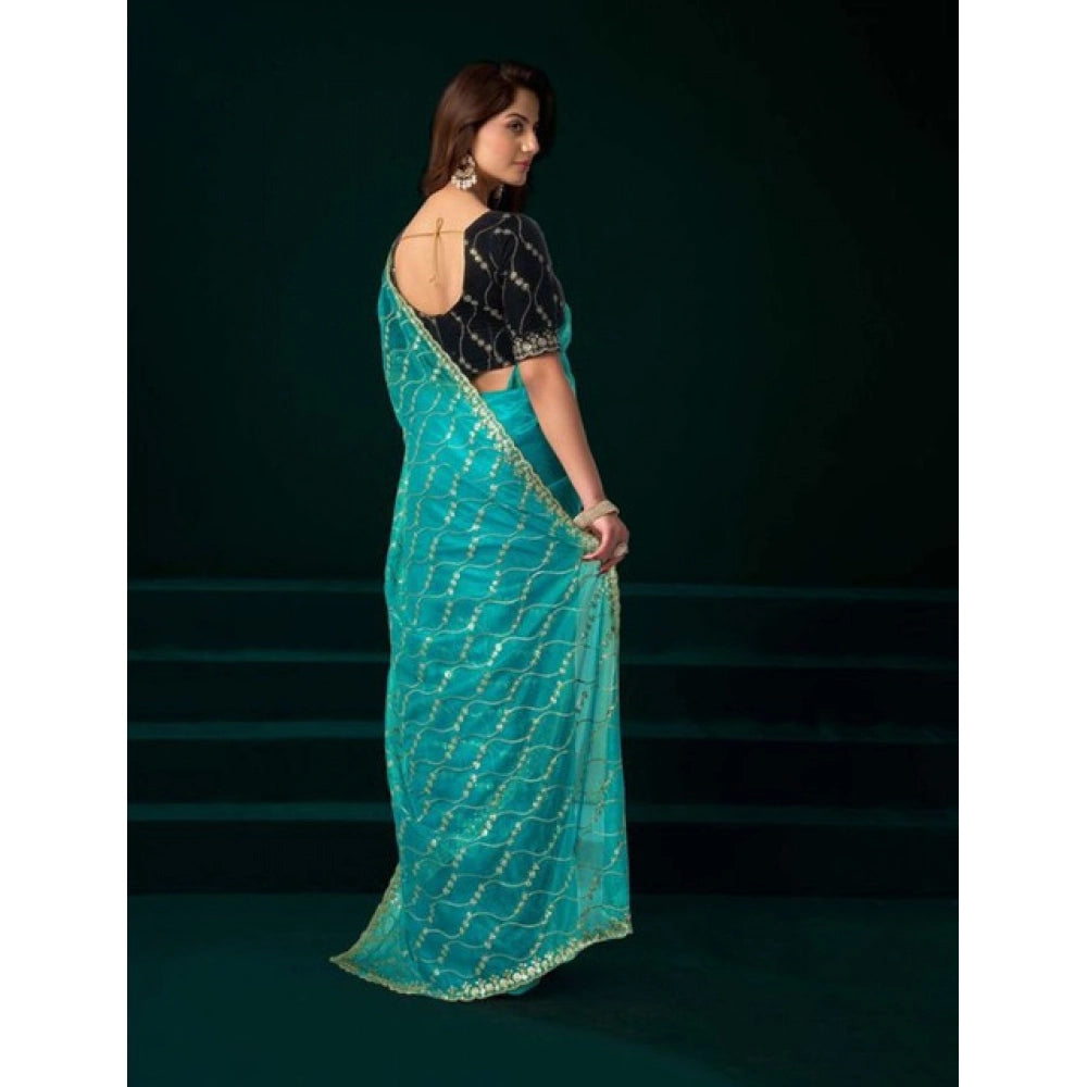 Snuggle Spot Women's Net Sequence Saree With Unstitched Blouse 5.5Mtr (Turquoise)