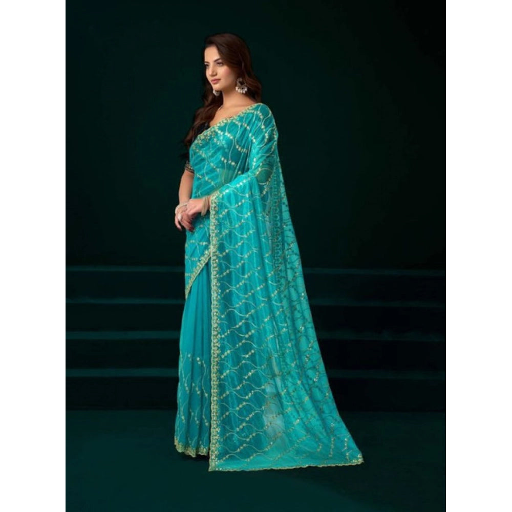 Snuggle Spot Women's Net Sequence Saree With Unstitched Blouse 5.5Mtr (Turquoise)