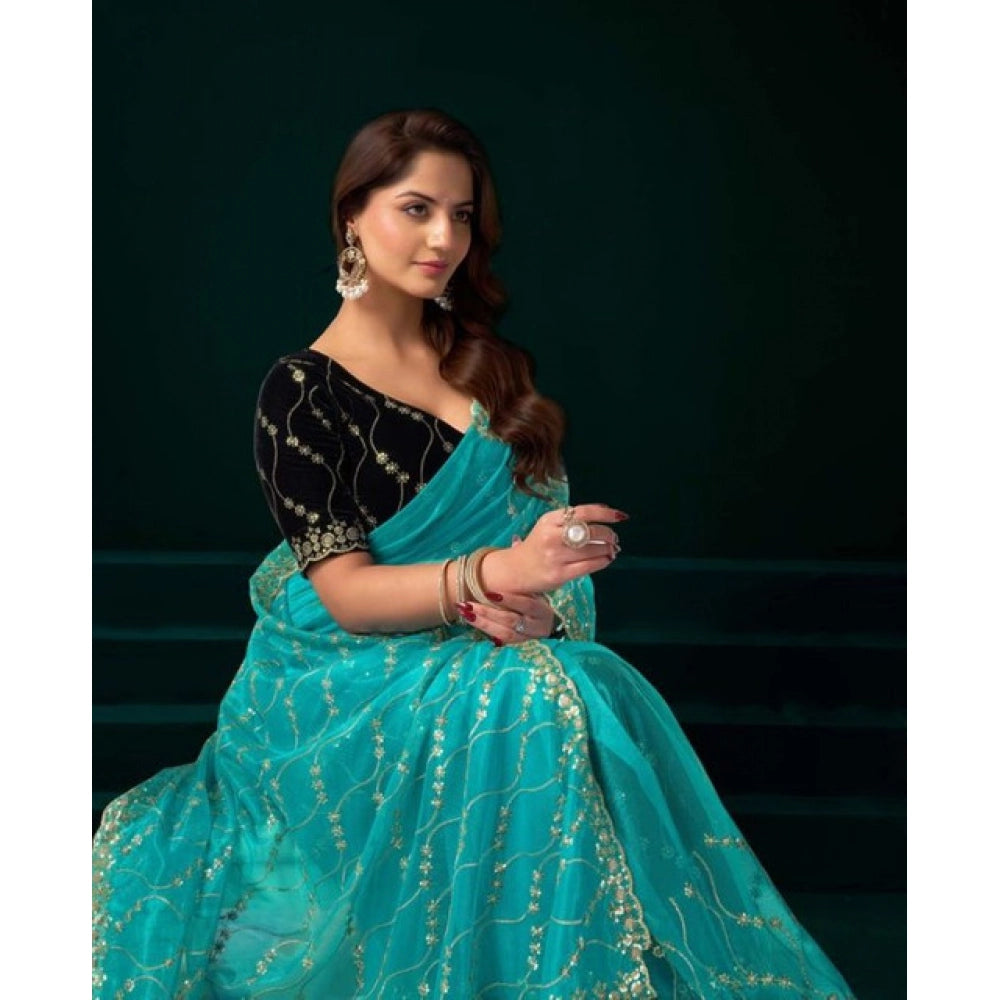 Snuggle Spot Women's Net Sequence Saree With Unstitched Blouse 5.5Mtr (Turquoise)
